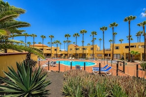 A resort with a pool surrounded by palm trees and sun loungers. - GuestReady - Bright Retreat with Outdoor Pool (Corralejo)