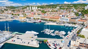 A marina with boats, a dock, and buildings in the background.