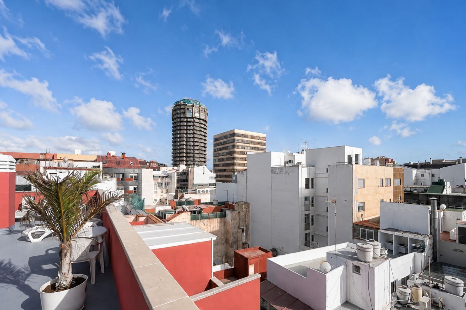 A rooftop terrace with a potted plant, a red wall, and a view of the cityscape including a tall building.