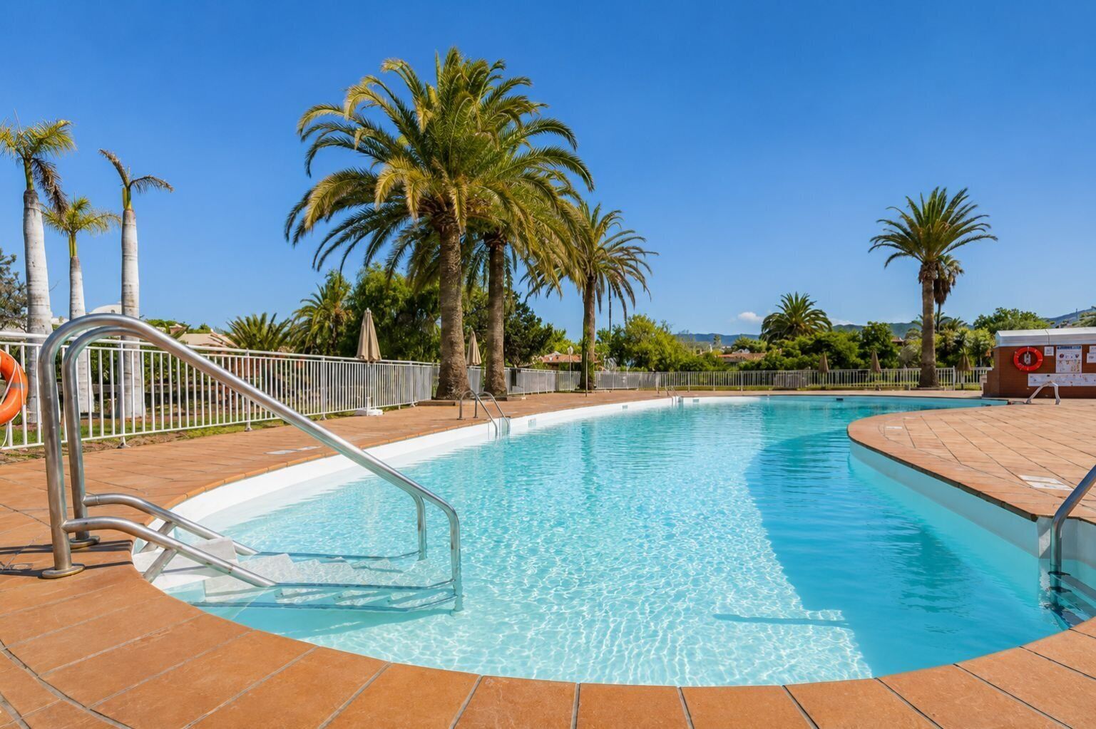 Una piscina cristalina con solárium de baldosas, rodeada de palmeras y una valla blanca.