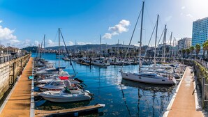 Uma marina com barcos atracados ao longo de um calçadão de madeira, cercada por edifícios e um céu claro.