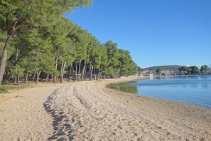 Ein Kiesstrand mit Bäumen und einem ruhigen See.