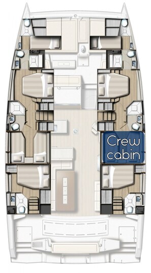 A boat layout with a crew cabin, multiple cabins, a kitchen, and a dining area. - Caribbean Sun-Kissed Sailing: A Luxurious Beach Experience from Martinica, Le Marin (Le Marin)