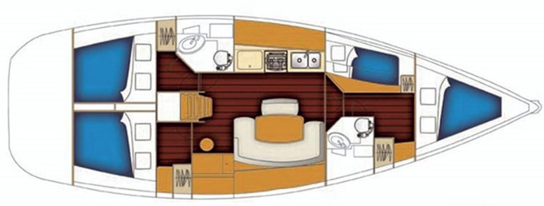 A boat interior with a central seating area, two side berths, a small kitchen, and a bathroom.