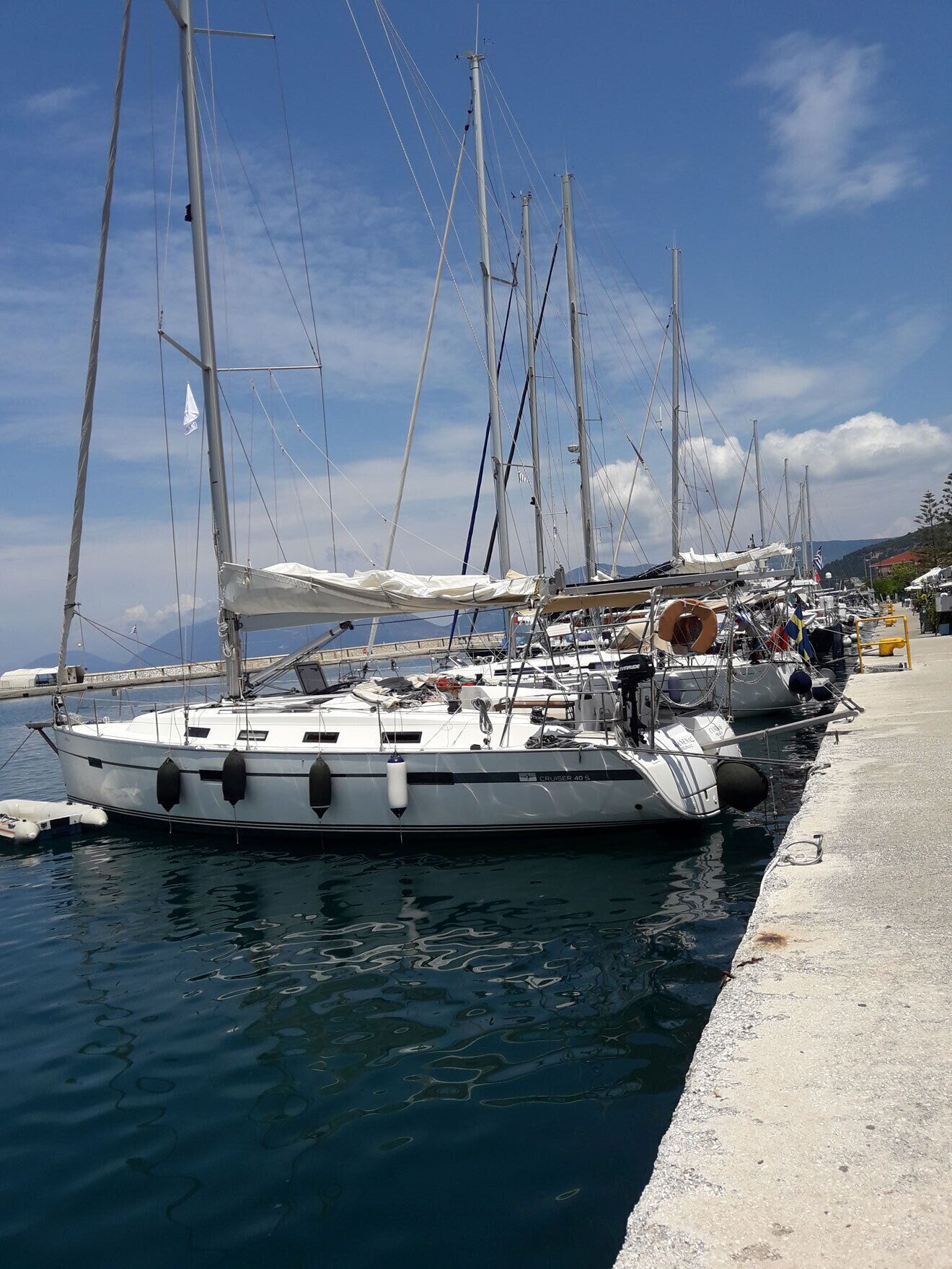 Un port de plaisance où sont amarrés de nombreux voiliers, une promenade en béton et un ciel dégagé.