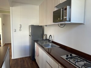 Una cocina moderna con un refrigerador de acero inoxidable, un microondas, un fregadero con escurreplatos y una estufa a gas.