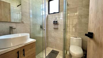 Un baño moderno con ducha envuelta en cristal, inodoro blanco, tocador con lavamanos y espejo.