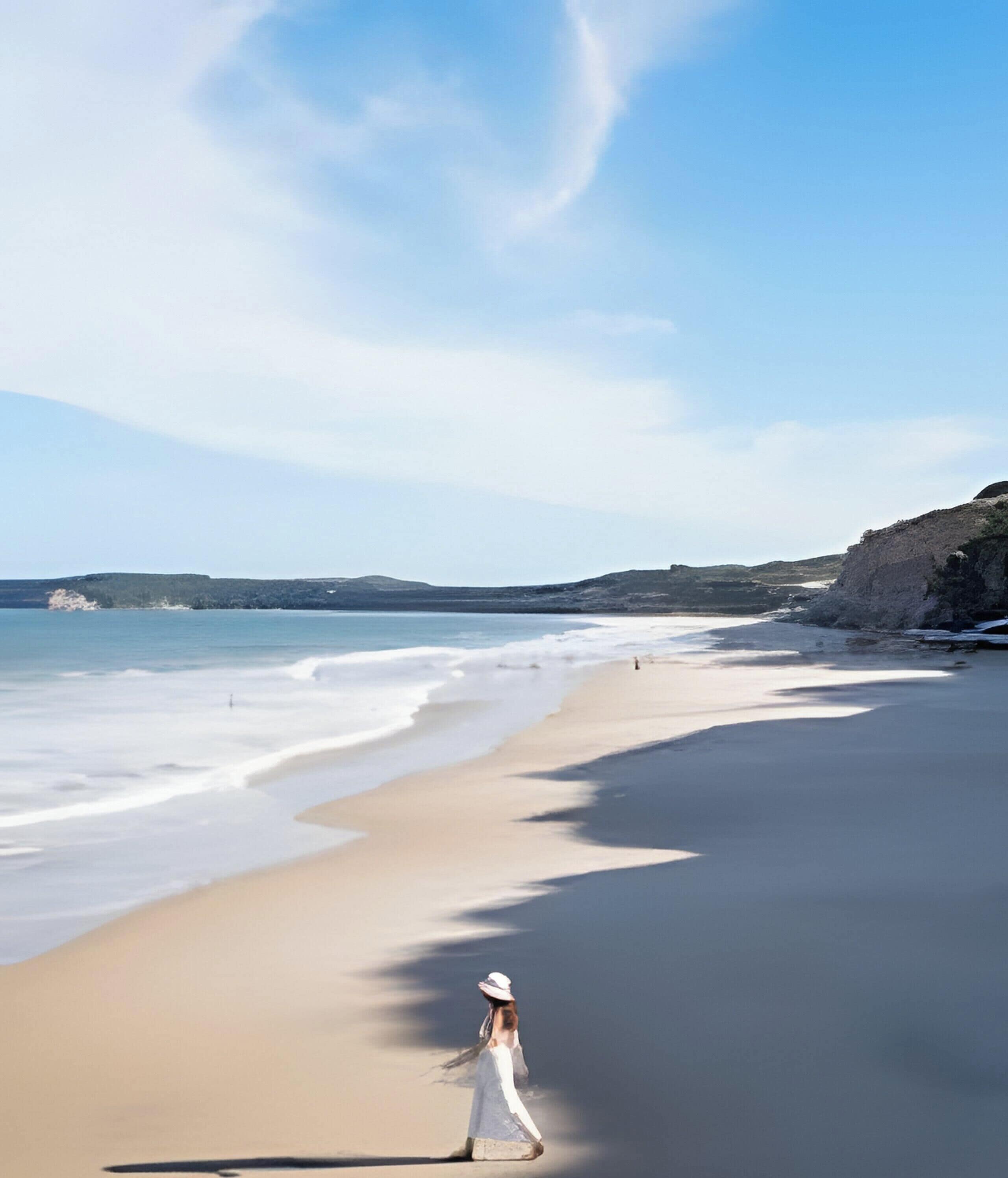 Uma praia com uma pessoa caminhando, céu claro e colinas ao longe.