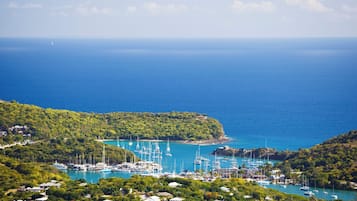 Une ville côtière dotée d’un port de plaisance, de maisons et d’une végétation luxuriante.