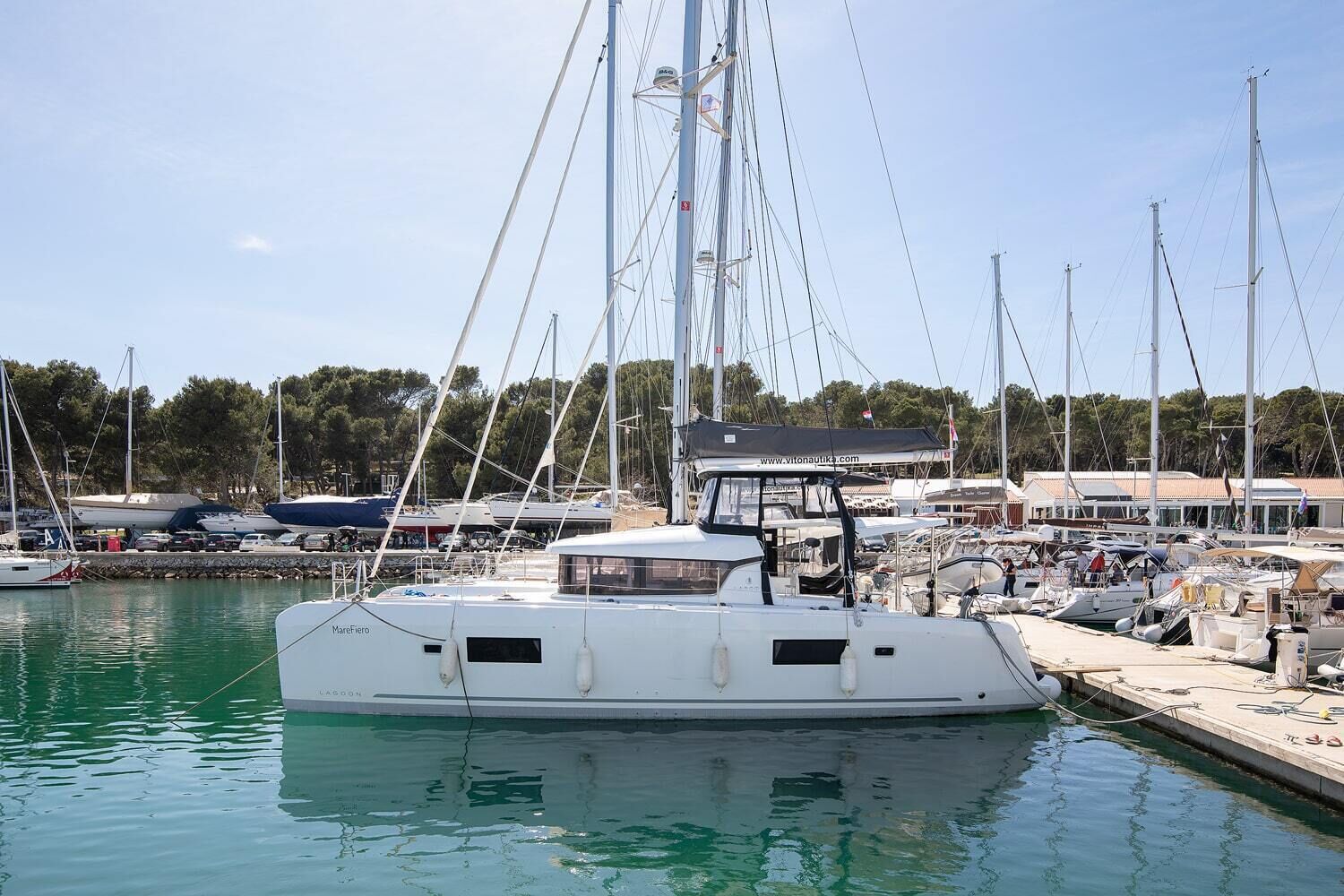 A marina with multiple sailboats docked, a clear sky, and a calm water surface.