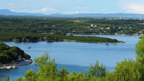 A coastal landscape with a marina, boats, and a small island.