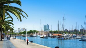 A marina with boats, a waterfront promenade, and buildings in the background. - Barcelona Sun-Kissed Sailing: A Beach Lover's Dream (Barcelona)