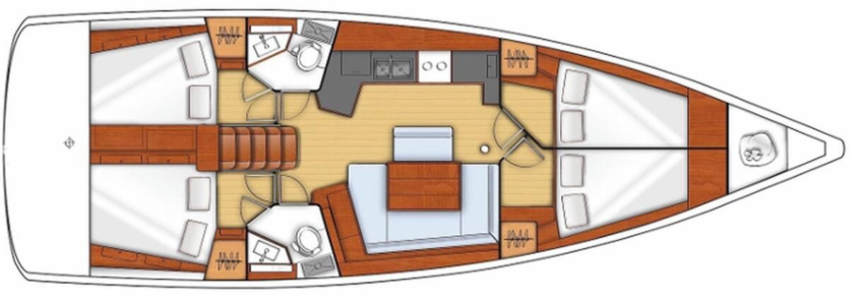 A boat interior with a dining area, kitchen, and seating arrangements.