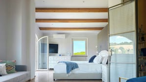 Um quarto com uma cama, televisão, janela, sofá e estante de livros.