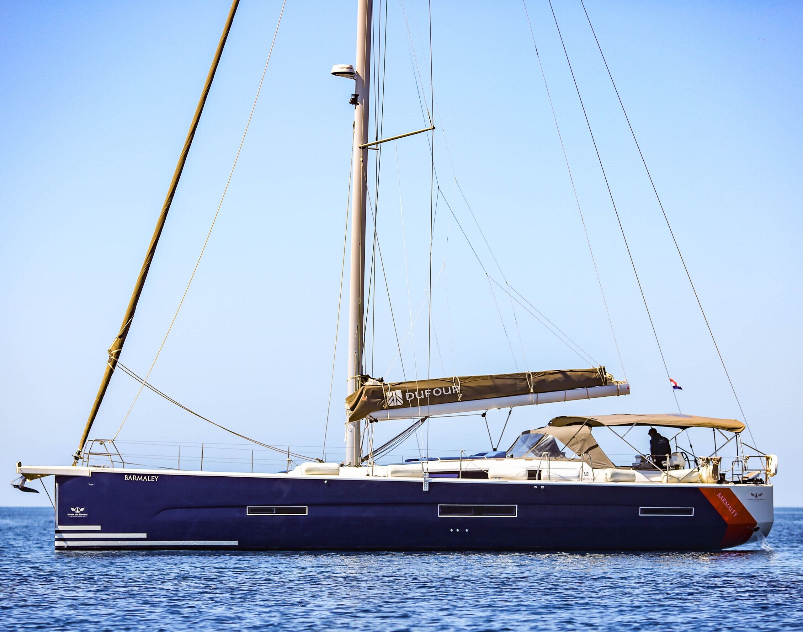 Un grand yacht doté d’un mât élevé et de nombreuses voiles, naviguant sur des eaux calmes.