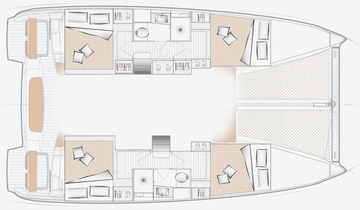 A boat interior with two cabins, a kitchen, a dining area, and a bathroom.