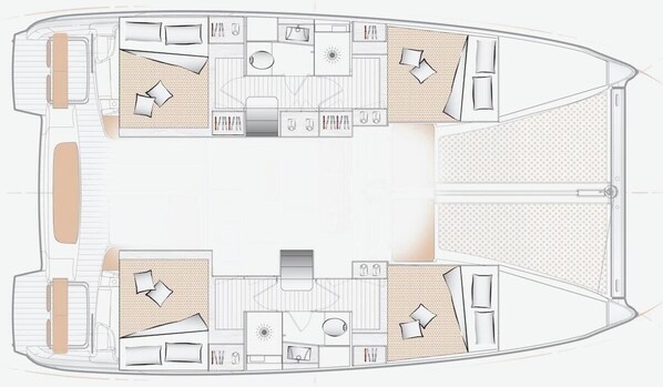 A boat interior with two cabins, a kitchen, a dining area, and a bathroom. - Sun-Kissed Sailing Adventure in Istria, Croatia (Pula)