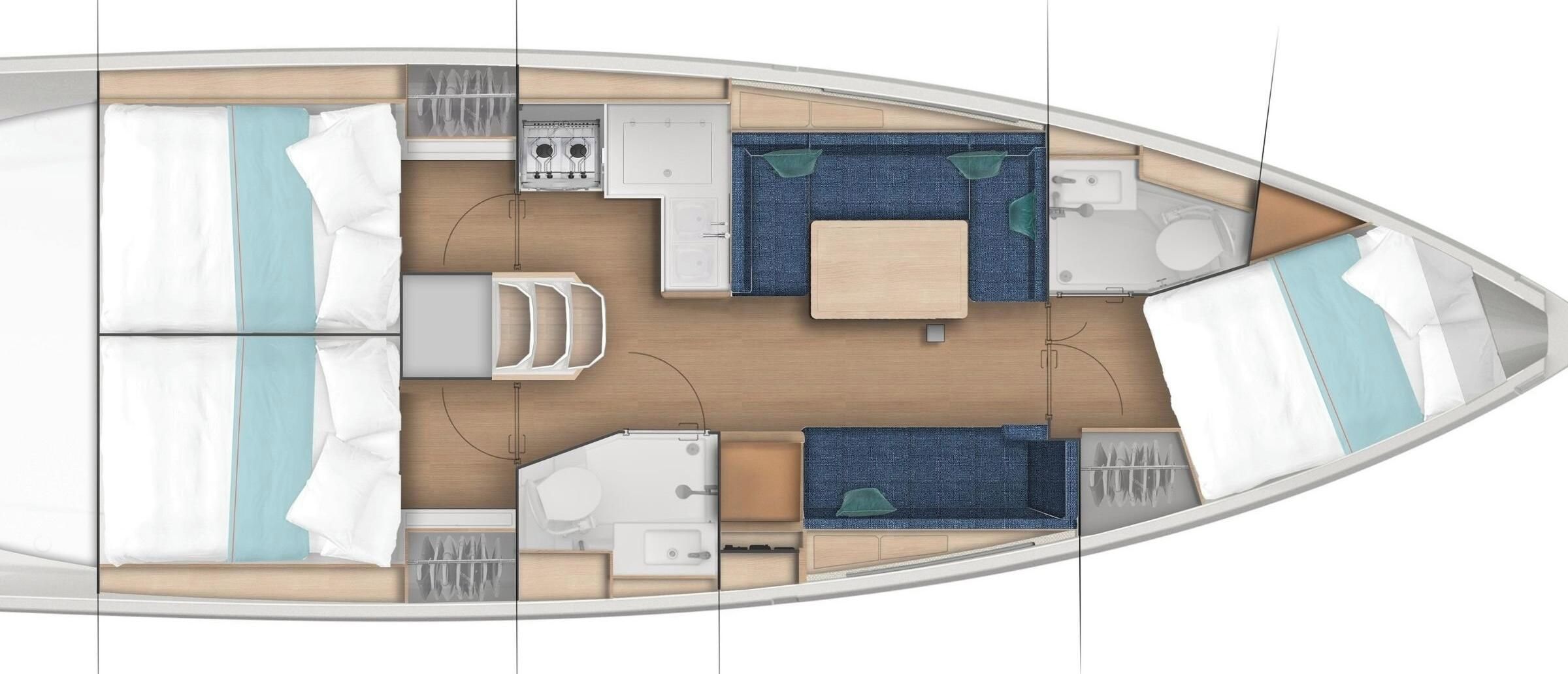 A boat interior with a bed, seating area, kitchen, and bathroom.