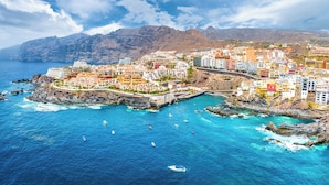 A coastal town with colorful buildings, a bridge, and boats in the water.