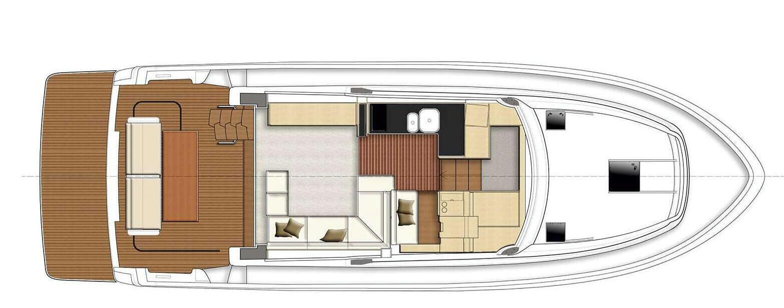 A boat layout with a dining area, kitchen, and seating space.