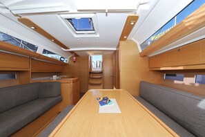 Een compact, goed verlicht interieur met een centrale tafel, zachte zitplaatsen en een dakraam.