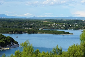 A coastal landscape with a marina, boats, and a small island.