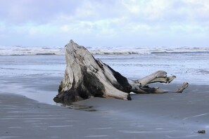 Perto da praia, espreguiçadeiras, toalhas de praia 