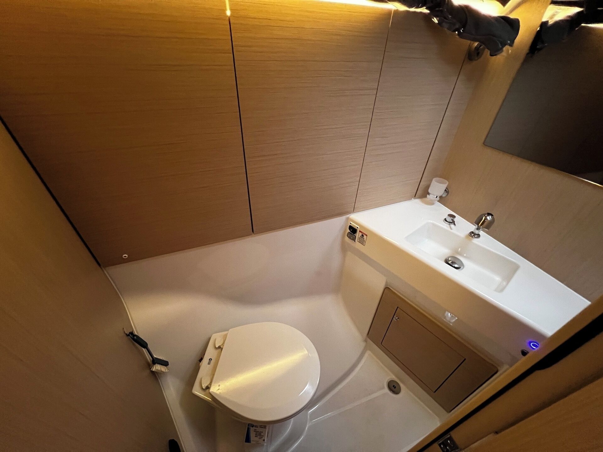 A compact bathroom with a white toilet, a sink, and a mirror.
