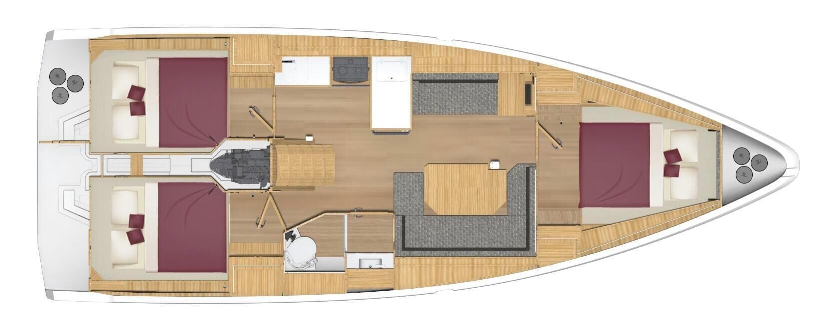 A boat interior with a dining area, two bedrooms, a bathroom, and a small kitchen.
