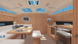 A compact, well-lit interior with a dining area, seating, and a kitchenette. - Sun-Kissed Sailing Adventure in Zadar, Croatia (Bibinje)