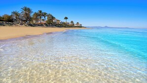 Una spiaggia con acque cristalline e poco profonde, palme e case sullo sfondo.