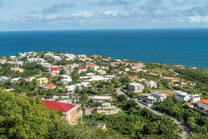 Una zona residencial costera con casas, calles y vistas al océano.