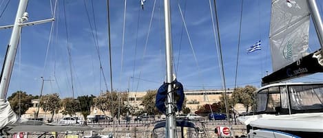 A marina with multiple sailboats docked, featuring masts, rigging, and a clear sky.