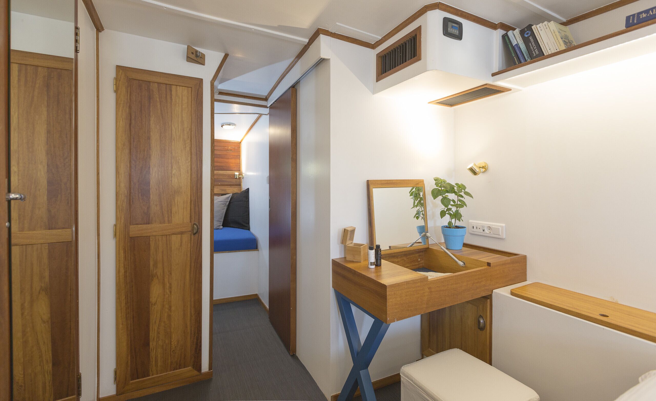 A compact bathroom with a wooden vanity, a mirror, a sink, and a small potted plant.