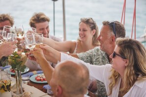 Un grupo de personas brindando con copas de vino en una mesa con vistas al mar.