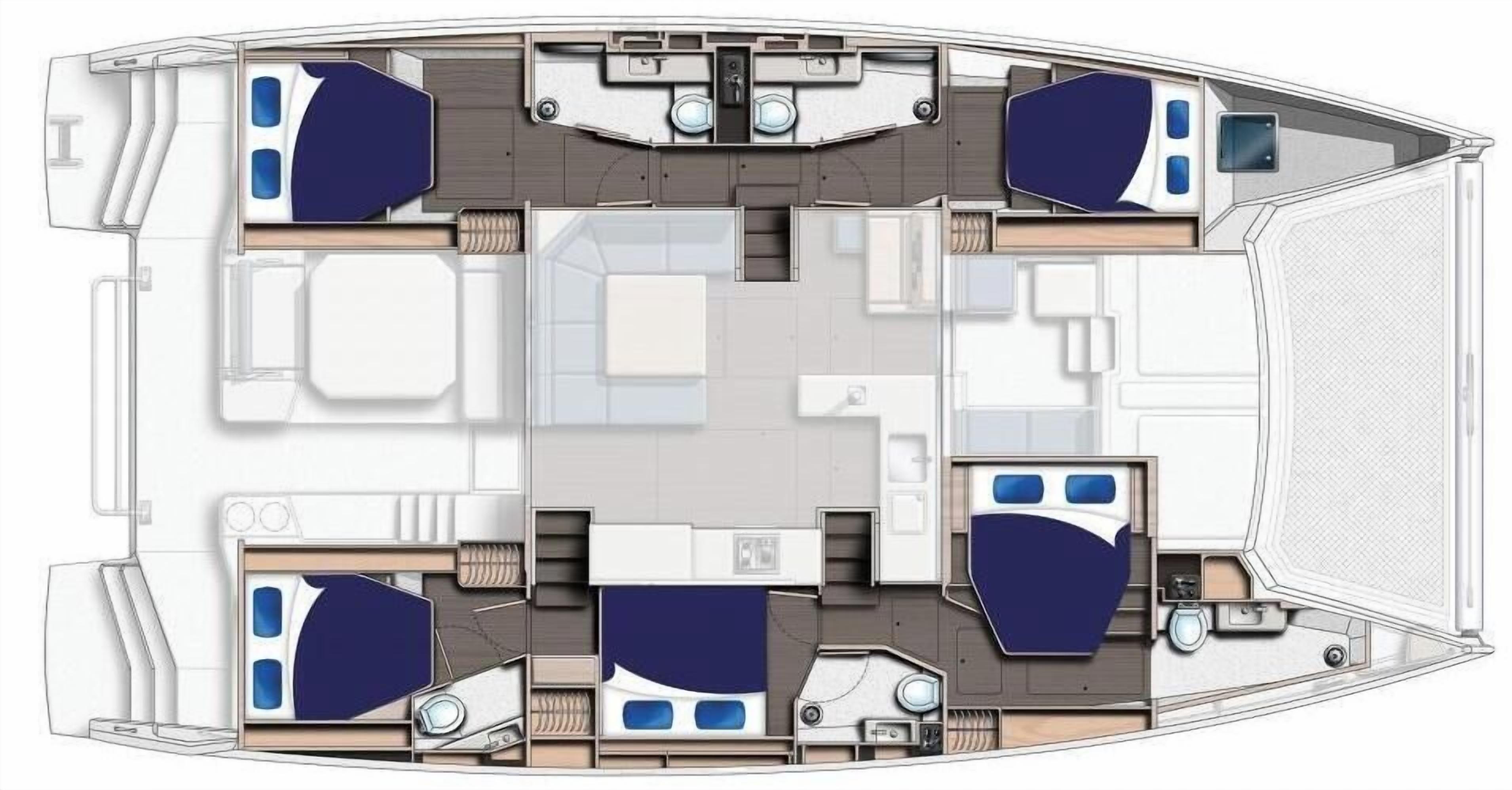 Plan de l’aménagement intérieur d’un navire de croisière, avec plusieurs cabines, un espace repas et une cuisine.