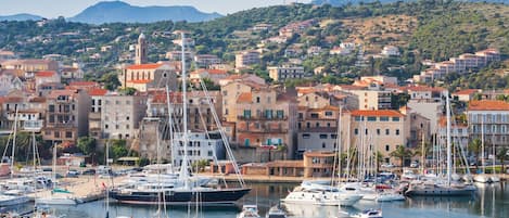 A marina with boats docked, surrounded by a town with buildings and a mountainous backdrop.