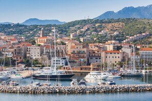 Un port de plaisance où sont amarrés des bateaux, entouré d’une ville avec ses bâtiments et dominé par un paysage montagneux.