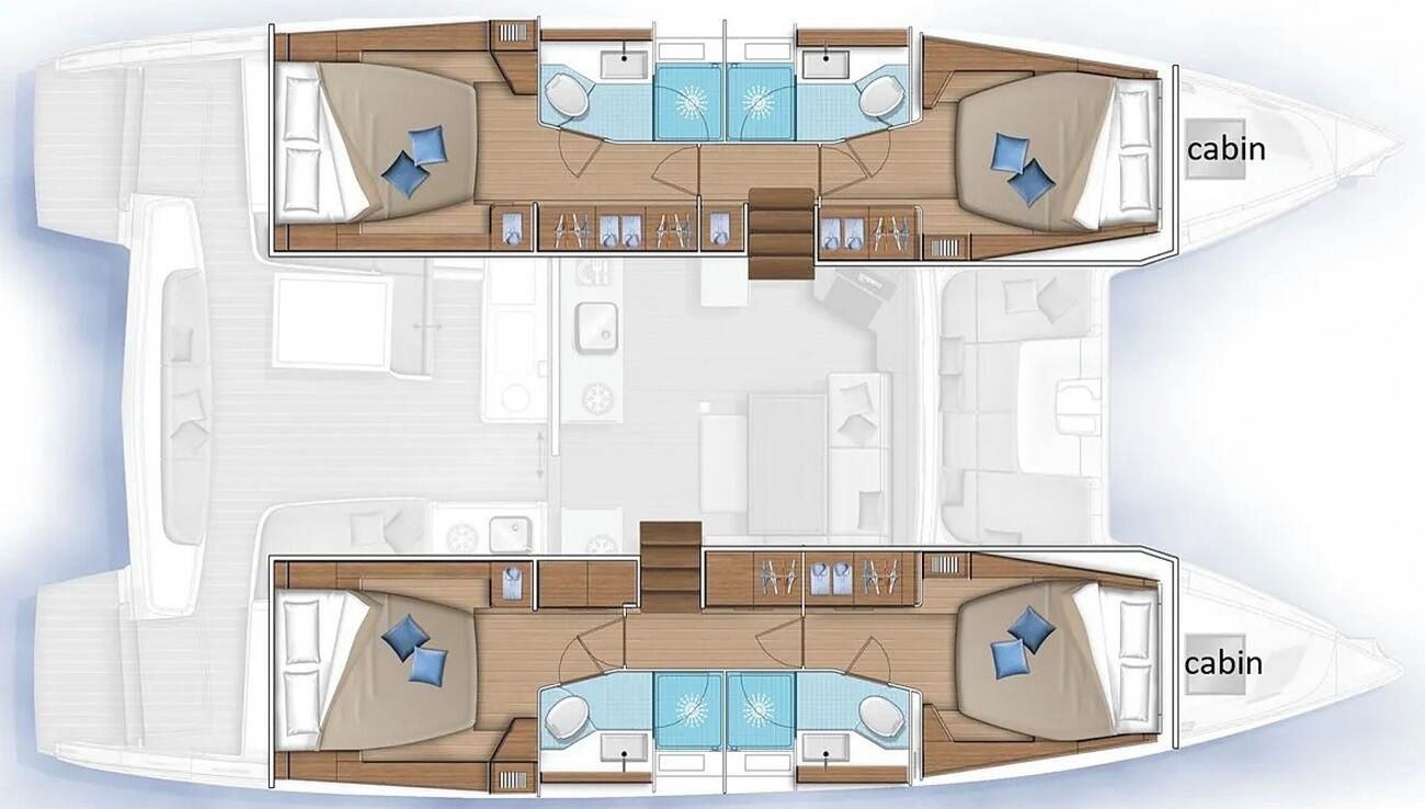 A boat layout with two cabins, a central dining area, and a kitchen.