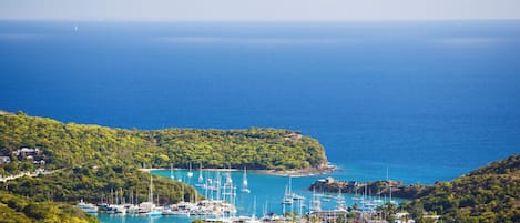 Une ville côtière dotée d’un port de plaisance, de maisons et d’une végétation luxuriante.