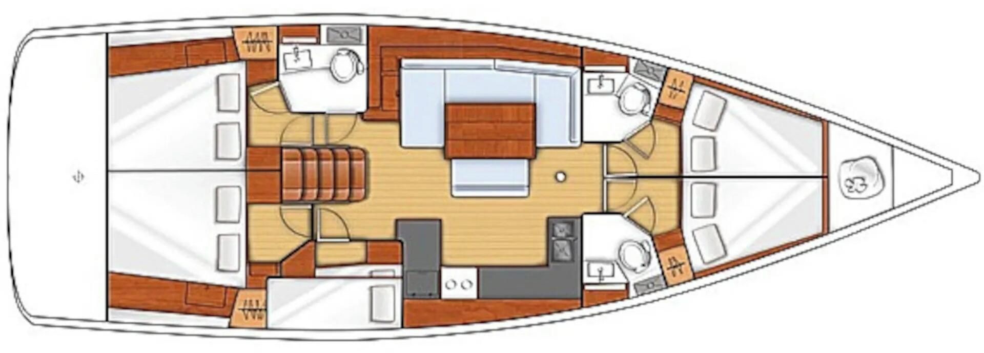 A boat's interior layout with a dining area, kitchen, and seating.