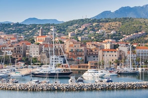 A marina with boats docked, surrounded by a town with buildings and a mountainous backdrop.