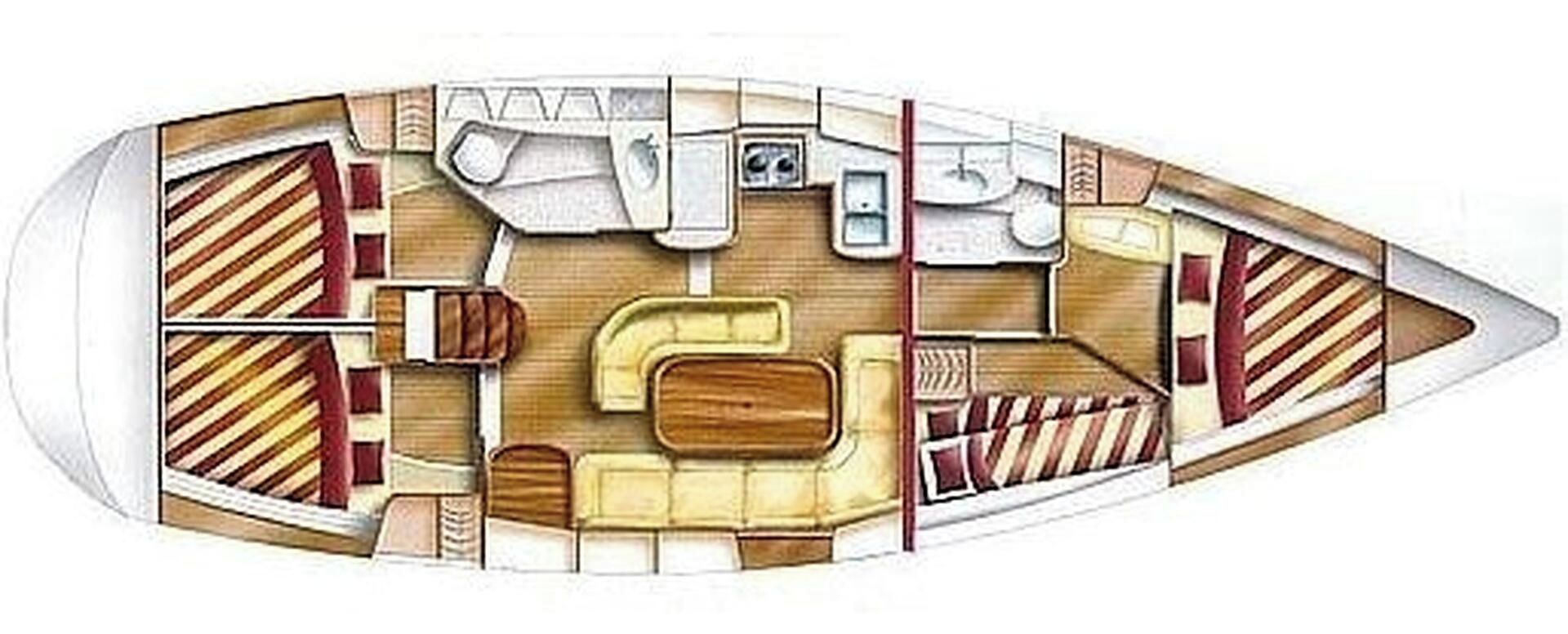 A boat interior with a seating area, a small table, and a window.