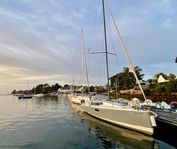 A marina with several sailboats docked, calm water, and a clear sky.