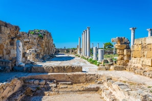 Ruinas antiguas con columnas de piedra y una estatua.