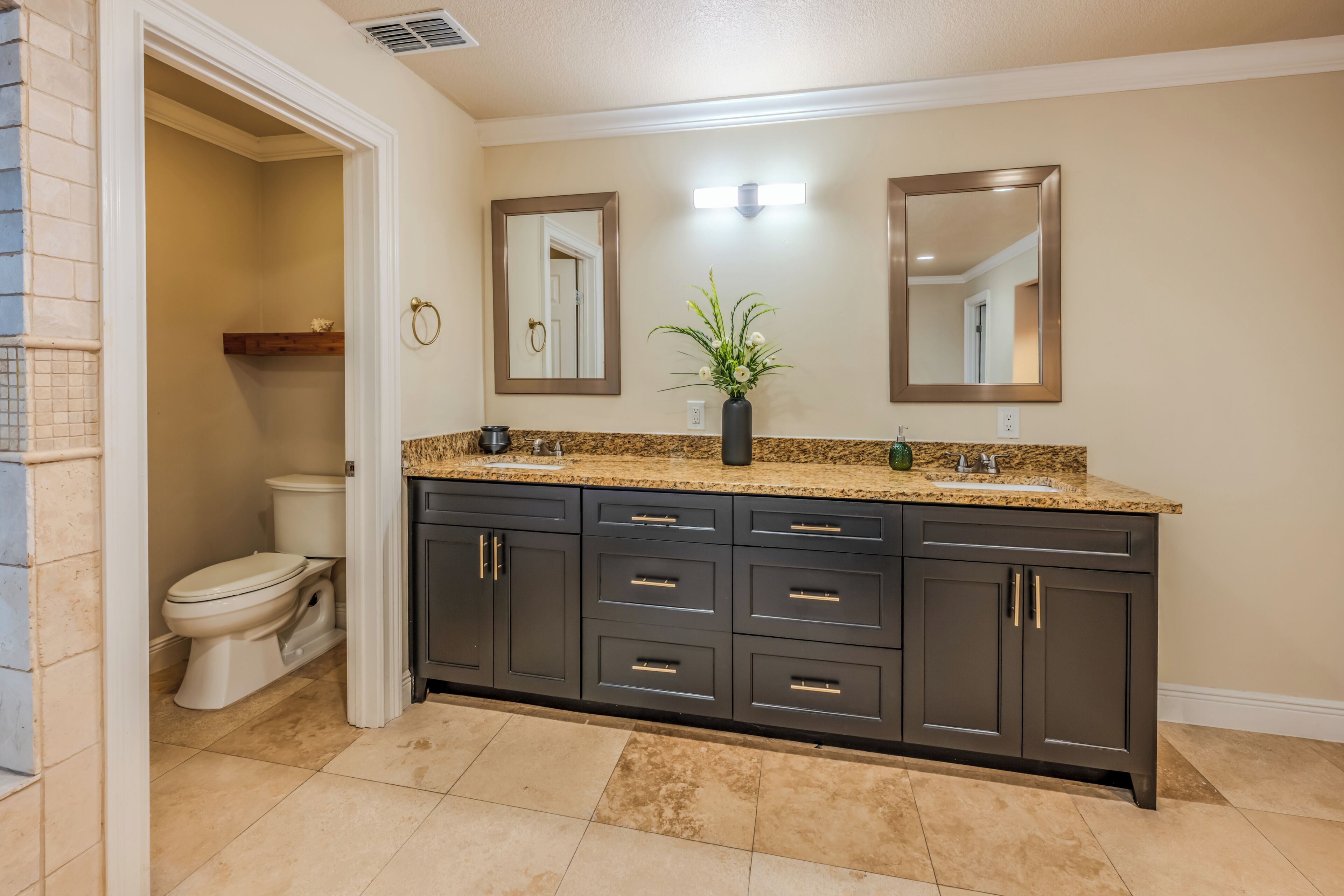 A bathroom with a toilet, dark cabinets, a granite countertop, and a mirror.