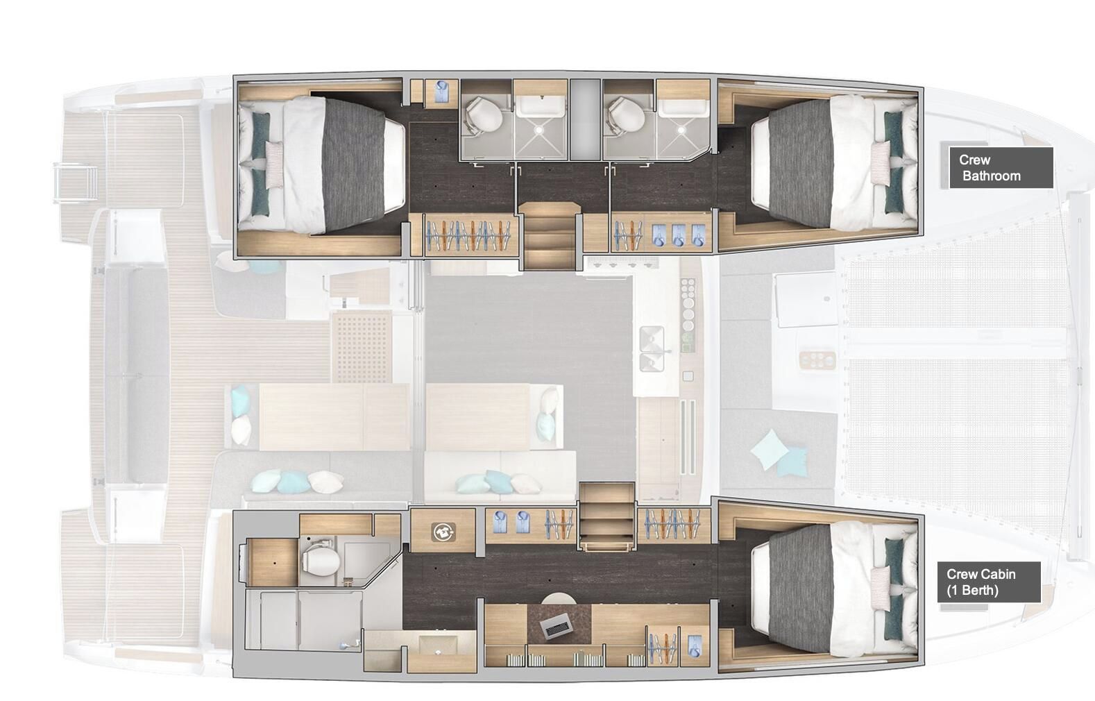 Plano de distribución de un camarote de crucero que incluye cama, zona de estar, kitchenette y baño.