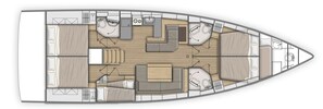 A boat interior with a dining area, a kitchen, and a seating area.