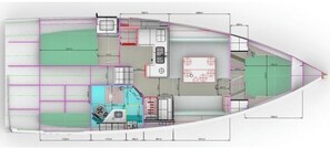 A floor plan of a boat with multiple cabins, a kitchen area, and a dining space.