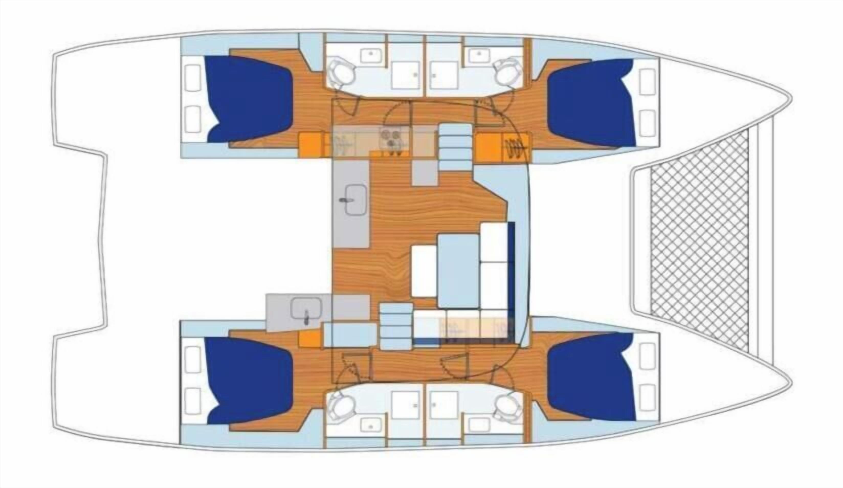 A boat interior with a central dining area, two cabins with seating, and a kitchen.